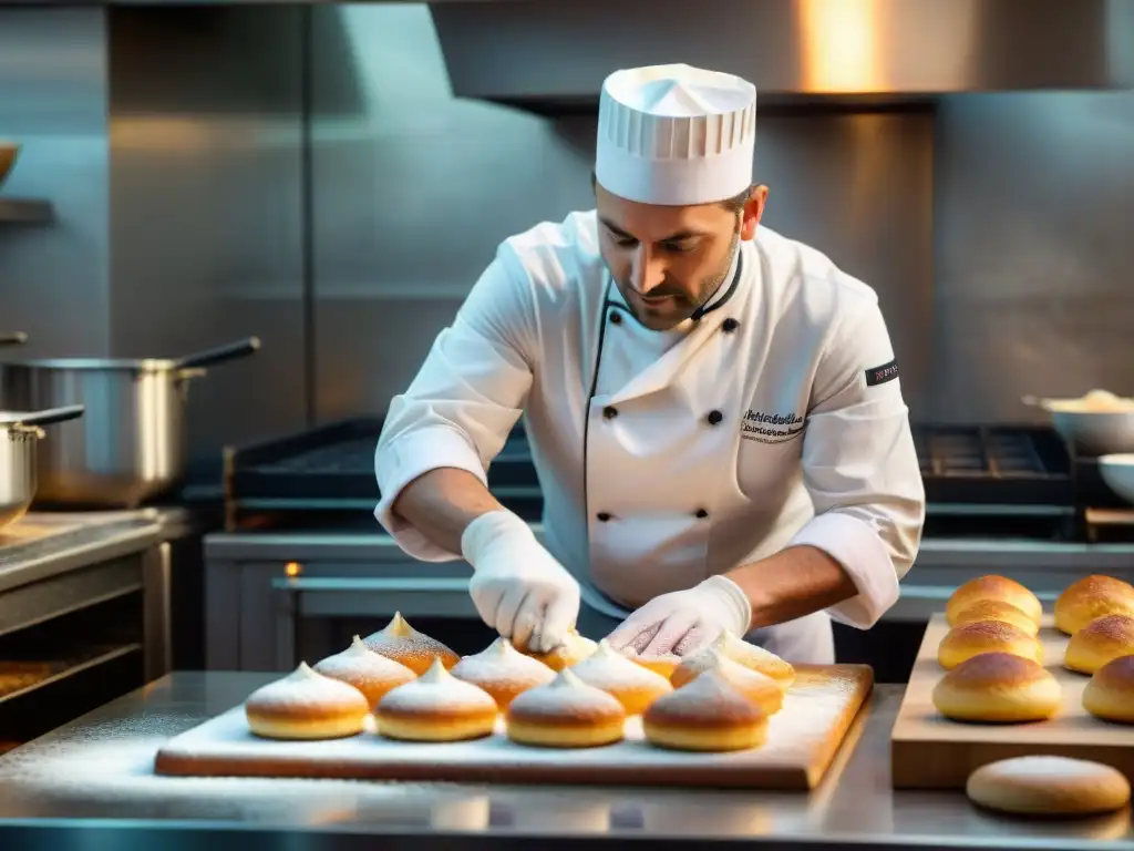 Un maestro chef francés en su cocina parisina creando una delicada obra maestra pastelera