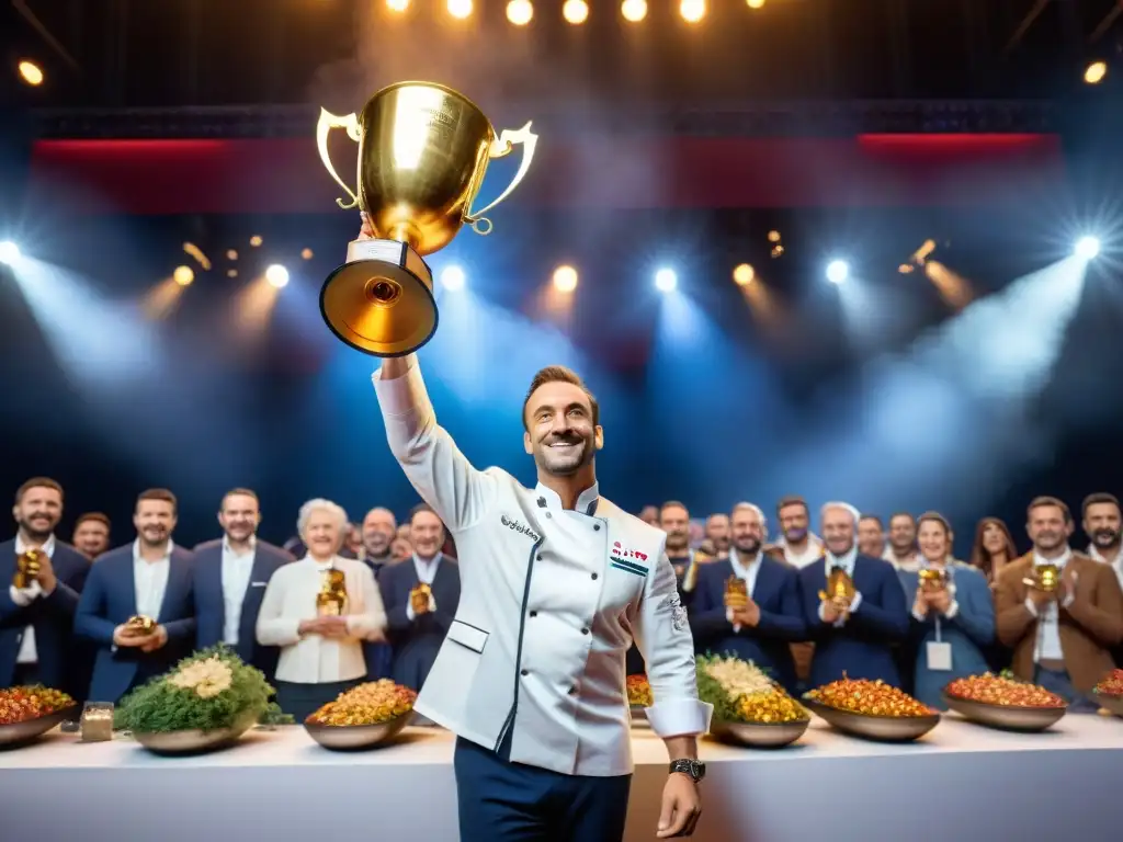 Un maestro chef francés gana un concurso culinario, rodeado de trofeos y espectadores emocionados