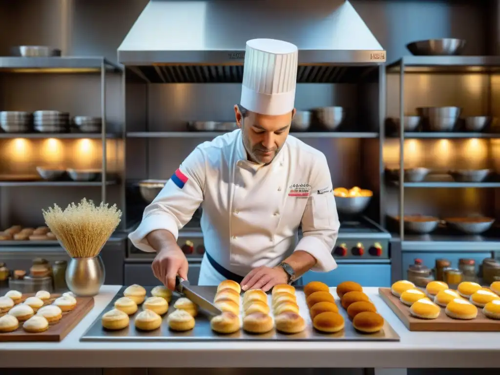 Un maestro chef francés creando una delicada pastelería en una bulliciosa cocina parisina