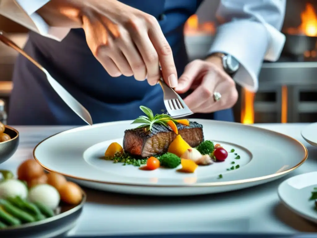 Un maestro chef detalladamente presenta una elegante creación francesa en una cocina bulliciosa y ordenada