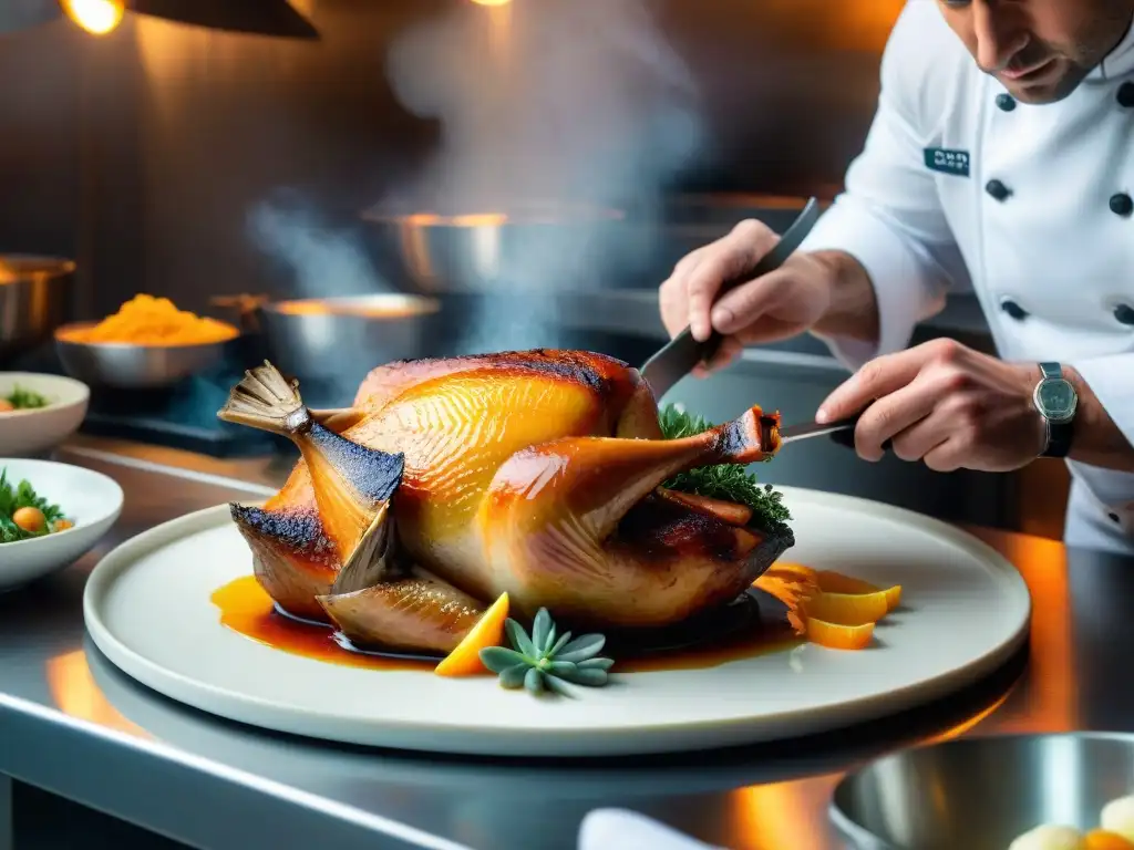 Un maestro chef francés experto en cocina, tallando un suculento Pato a la Naranja receta con destreza y precisión