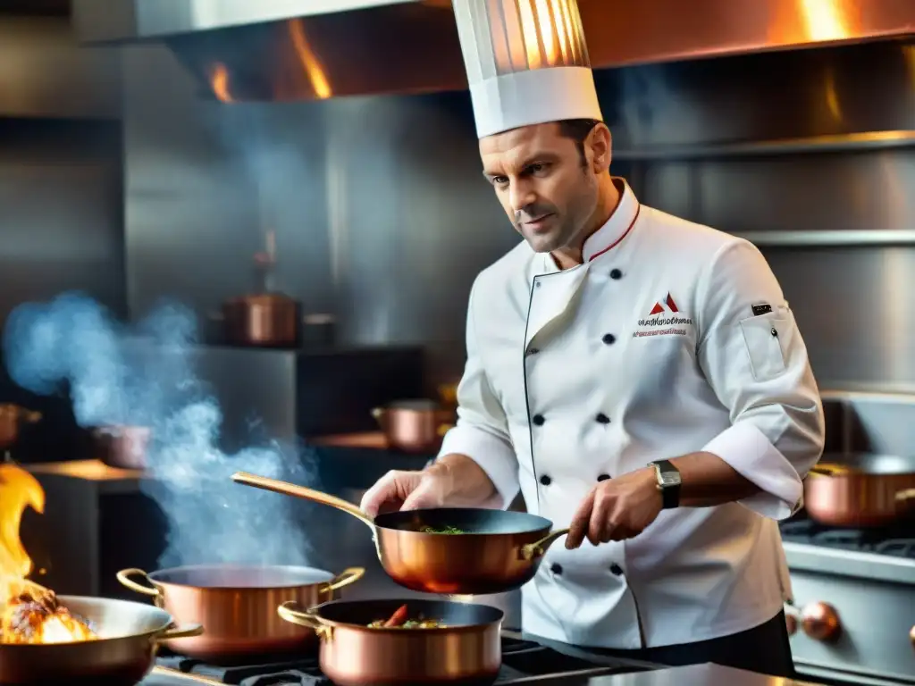 Un maestro chef francés experto en la cocina tradicional, preparando un flambeado Coq au Vin