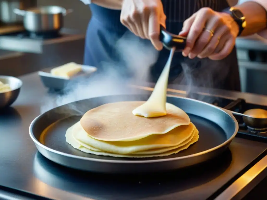 Maestro crepero francés creando la crepe perfecta Un maestro chef francés experto en crepes, deslizando la masa en una crepera para auténticas crepes francesas