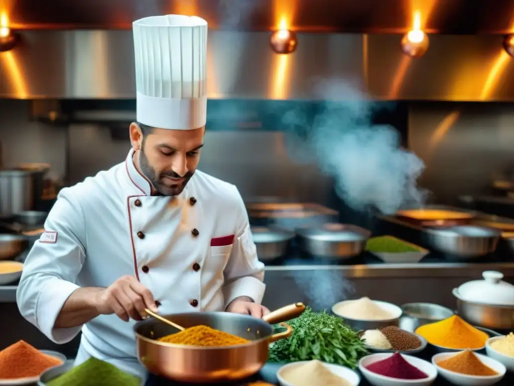 Un maestro chef francés preparando un exquisito plato en una cocina parisina, rodeado de especias y utensilios de cobre