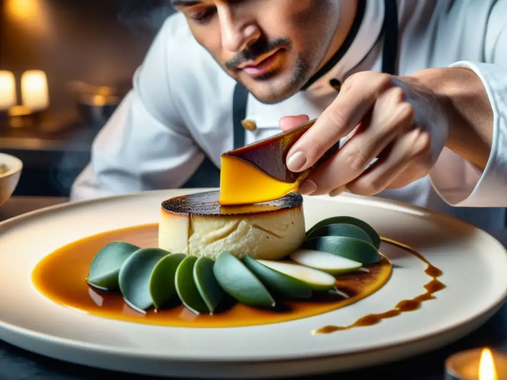 Un maestro chef francés elabora foie gras gourmet en cocina tradicional