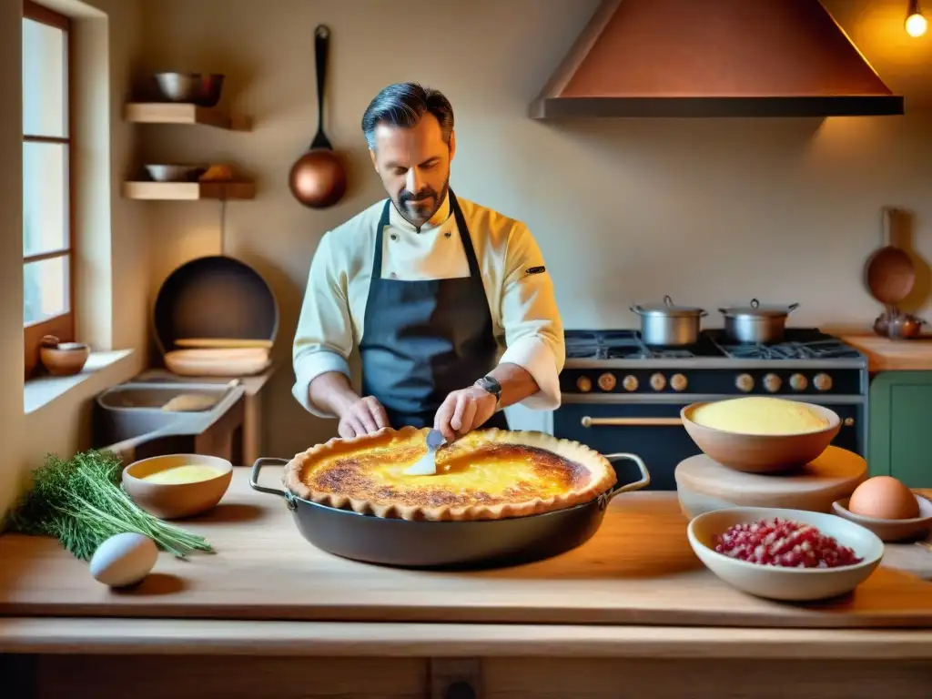 El maestro chef en la región de Lorraine preparando una quiche Lorraine clásica en una cocina rústica