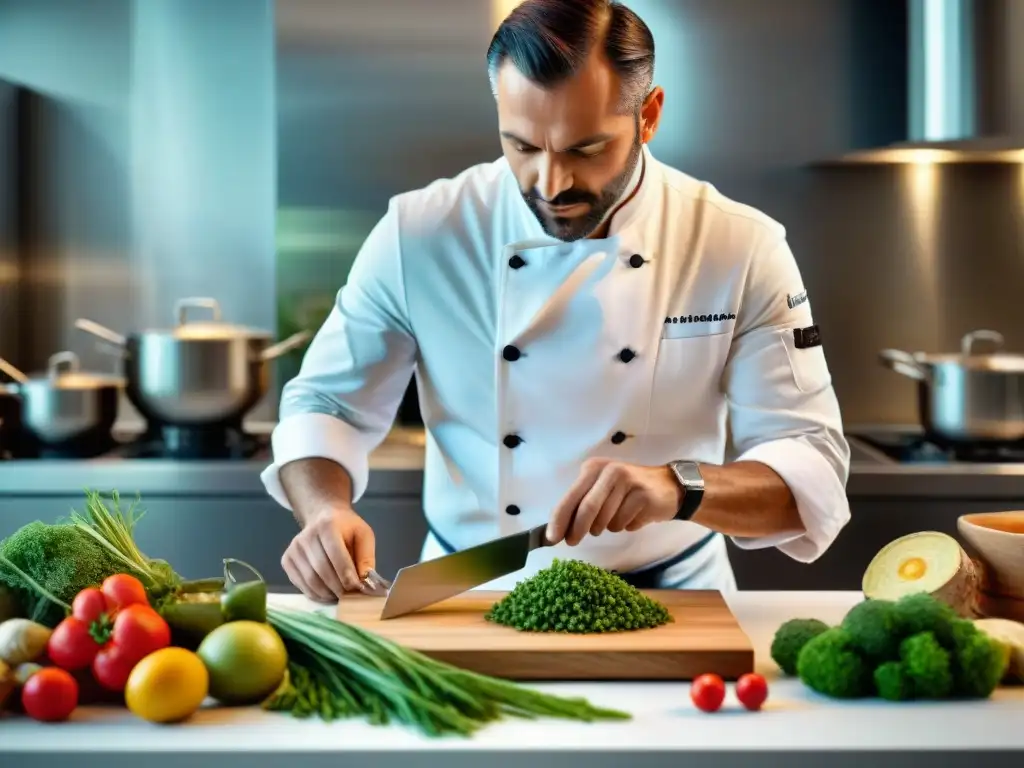 Un maestro chef francés creando una obra de arte culinaria en una cocina moderna, reflejando la tradición y la innovación de la cocina francesa