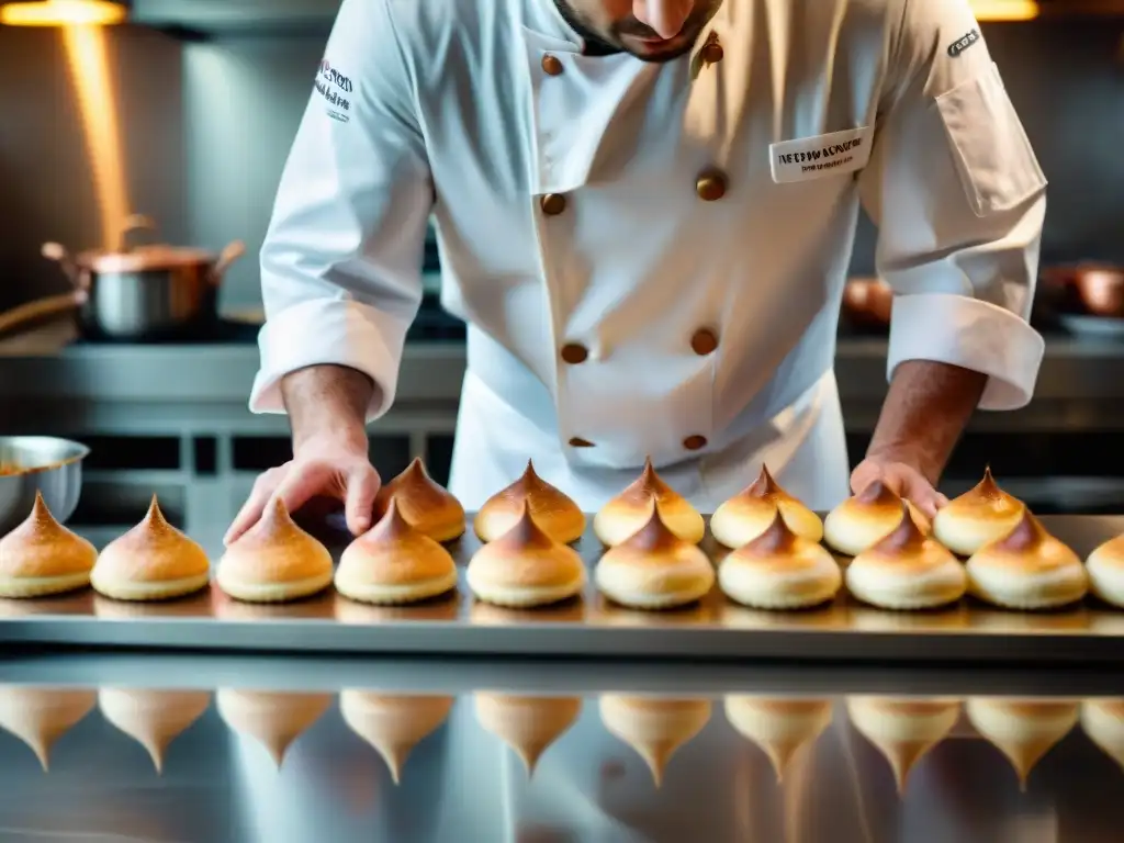 Un maestro chef creando pastelería francesa en cocina moderna con herramientas digitales cocina francesa