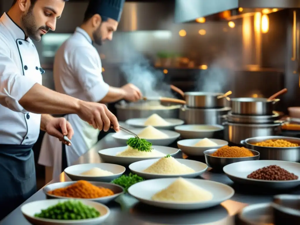 Un maestro chef francés preparando con precisión un plato clásico en una cocina profesional