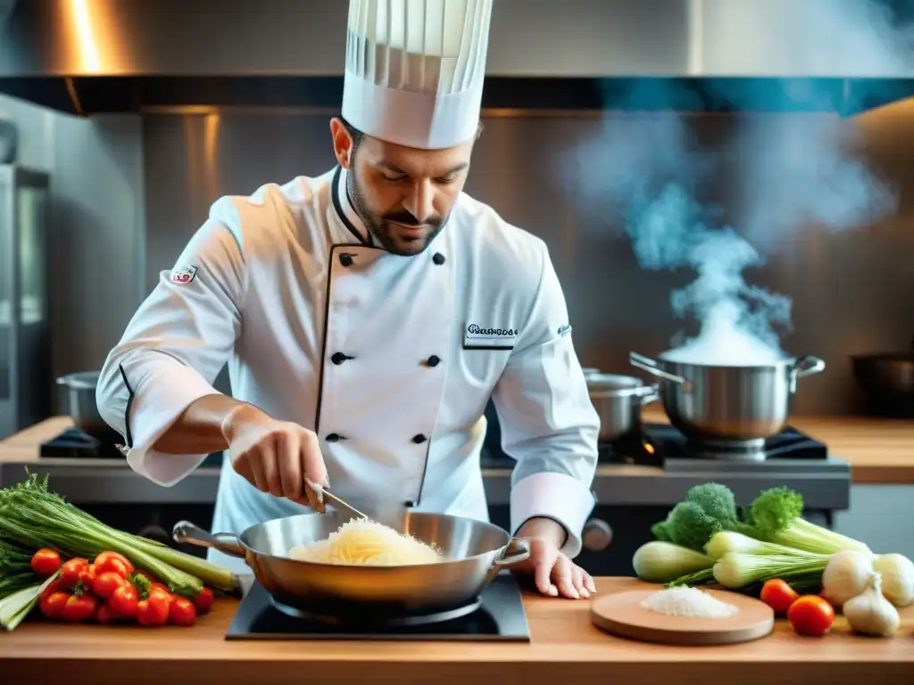 Un maestro chef francés preparando con precisión verduras al vapor, técnicas cocina vapor estilo francés