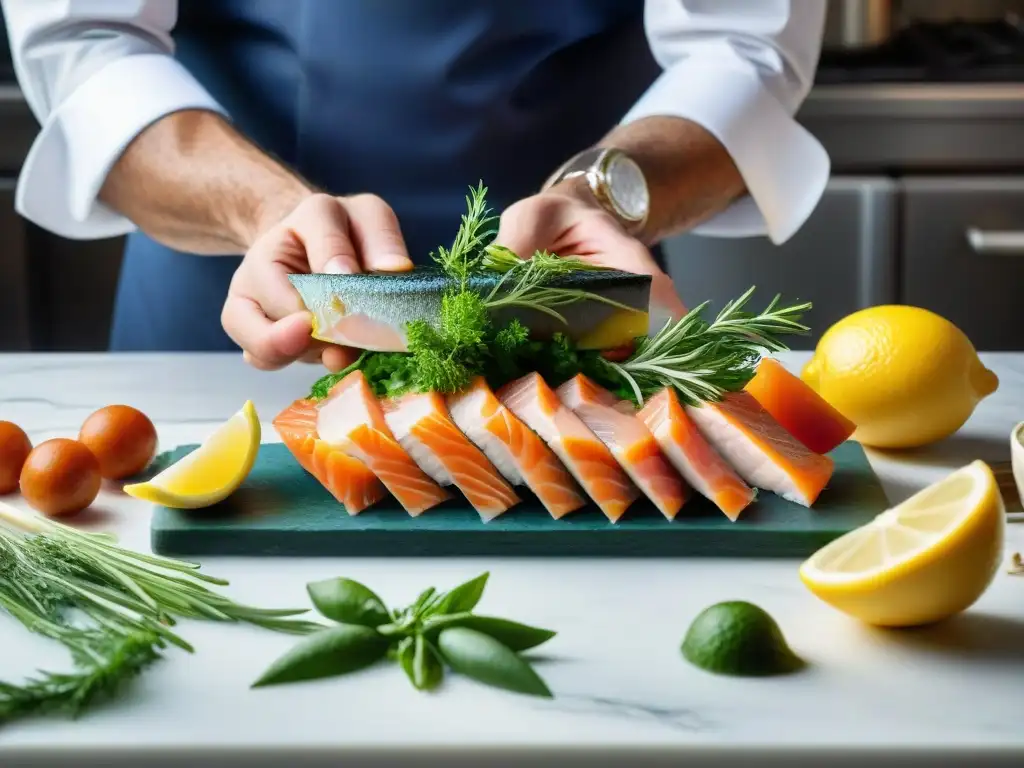 El maestro chef crea una terrina de pescado estilo francés con precisión y expertise