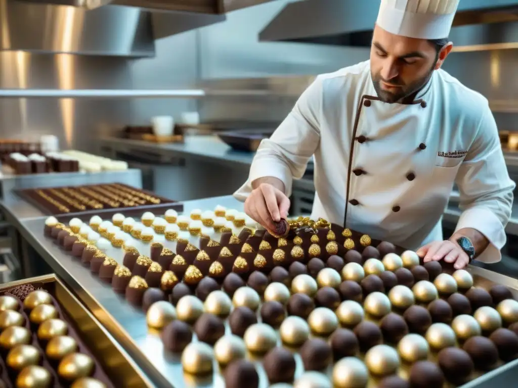 Un maestro chocolatero francés elabora meticulosamente bombones artesanales en un elegante estudio de cocina