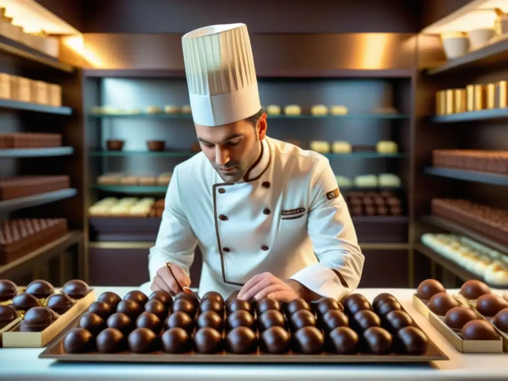 Un maestro chocolatero francés crea bonbones de chocolate rodeado de granos de cacao, mostrando los beneficios del cacao en Francia