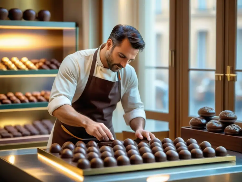 Un maestro chocolatero crea bonbones en una chocolatería en París