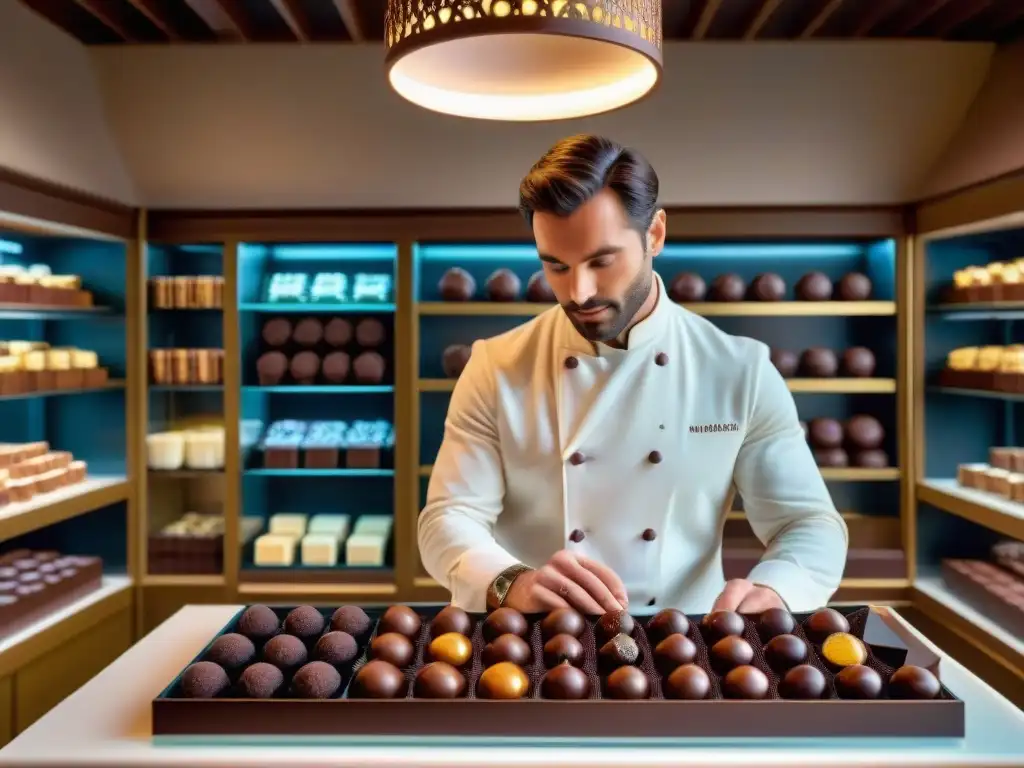 Un maestro chocolatero en una chocolatería famosa en Francia creando trufas de chocolate con detalle artesanal