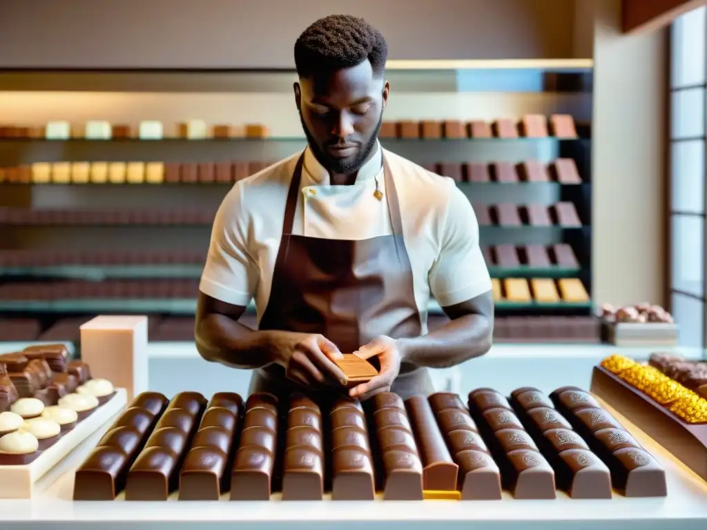 Un maestro chocolatero en una chocolatería francesa contemporánea, creando esculturas de chocolate