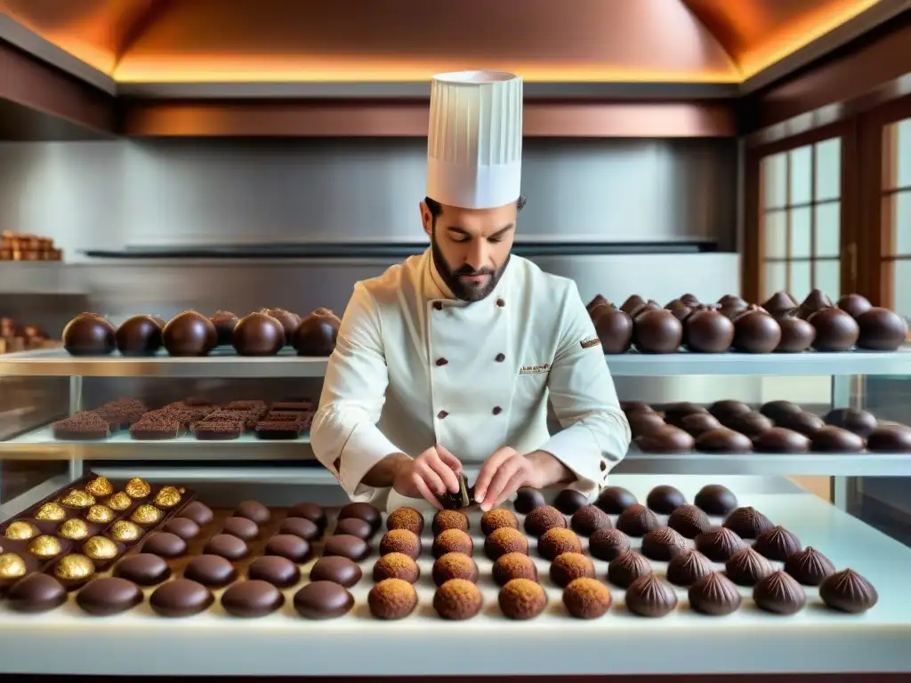 Un maestro chocolatero en una cocina francesa tradicional, creando trufas de chocolate a mano