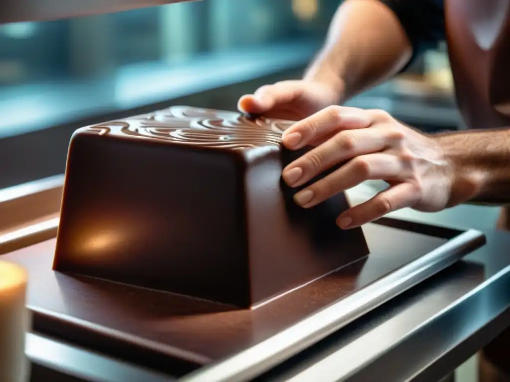 Un maestro chocolatero tallando con delicadeza patrones florales en un bloque de chocolate brillante