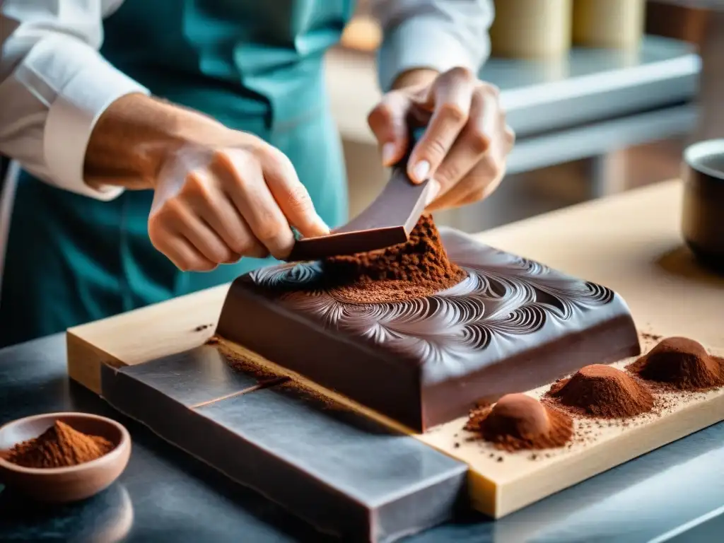 Un maestro chocolatero tallando con destreza un bloque de chocolate oscuro, técnicas tallado chocolate deliciosas