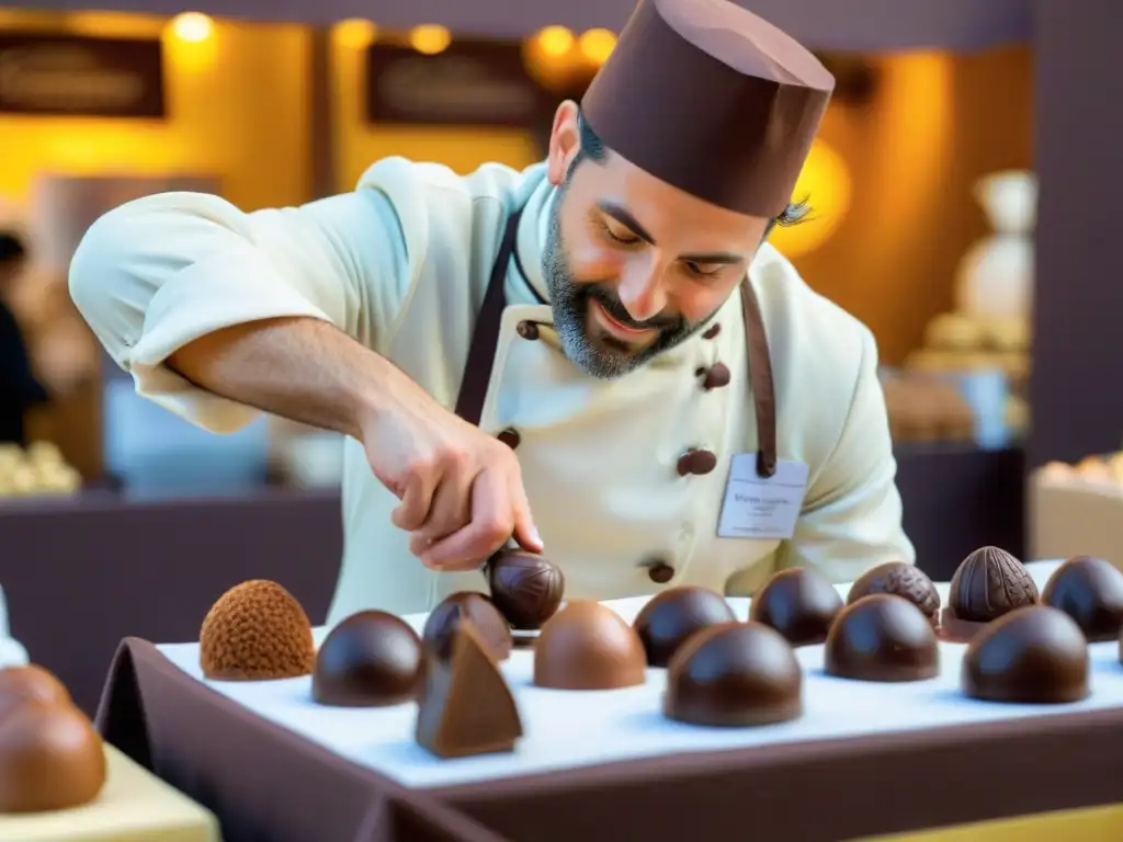 Un maestro chocolatero esculpe un detallado cacao de chocolate en el bullicioso Festival del Chocolate de Bayona