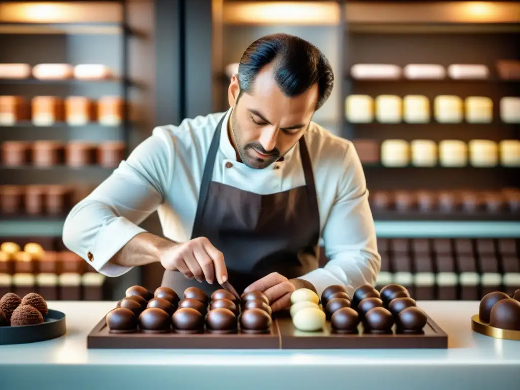 Un maestro chocolatero crea una escultura de chocolate en una pâtisserie francesa