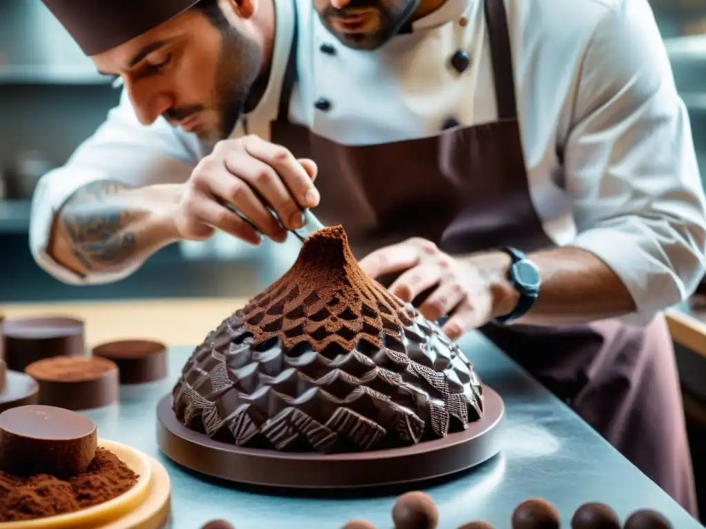 Un maestro chocolatero en Francia crea una escultura de chocolate, capturando la esencia de un taller de chocolate francés