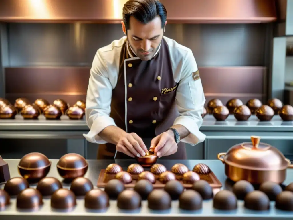 Un maestro chocolatero francés creando bonbons en un estudio elegante