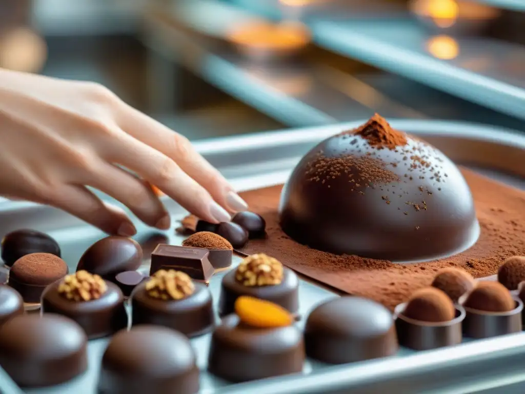 Un maestro chocolatero en una famosa chocolatería en Francia detalladamente decorando un praliné con chocolate derretido