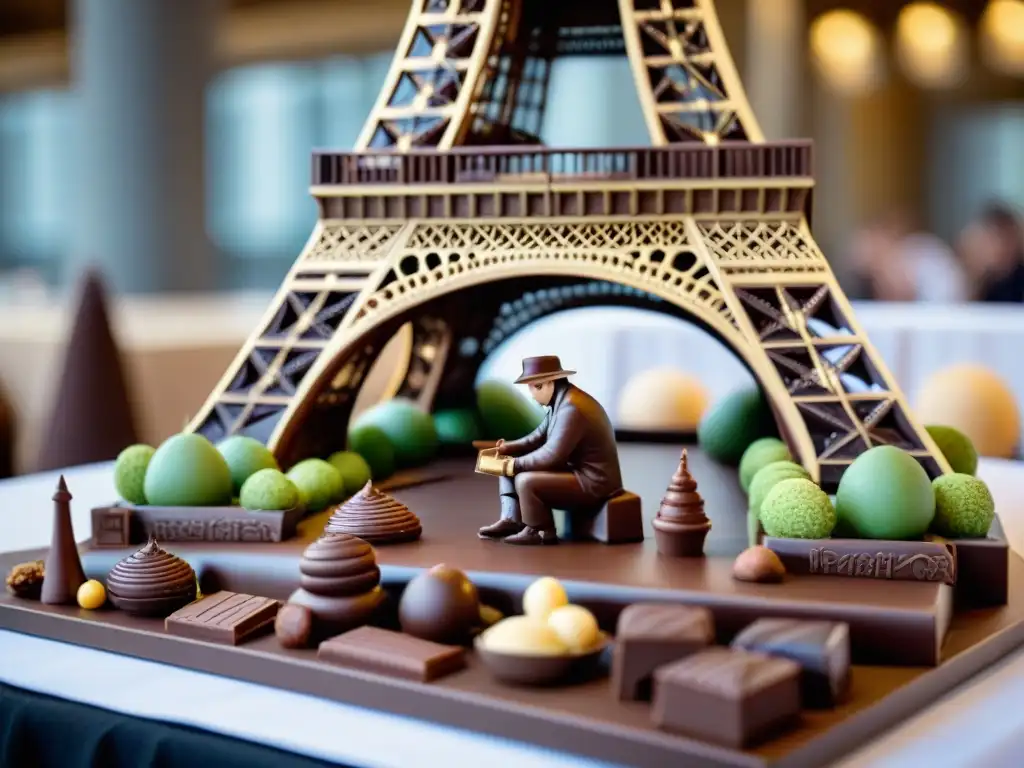 Un maestro chocolatero francés esculpe una intrincada Torre Eiffel de chocolate en el Festival del Chocolate de Bayona, mostrando la excelencia gastronómica francesa