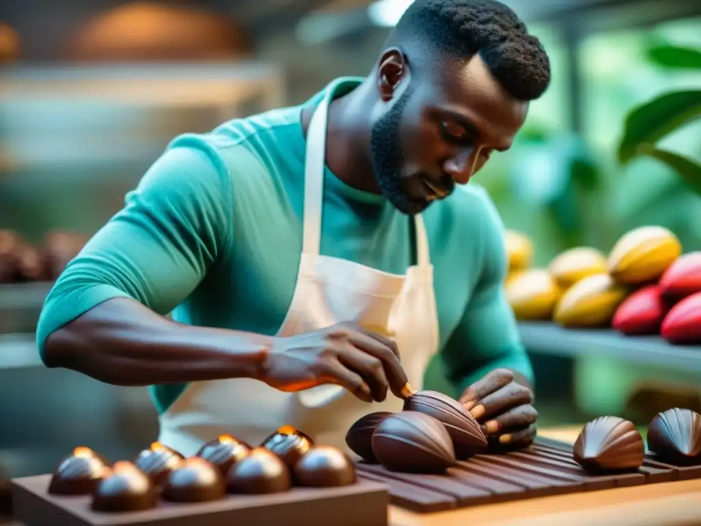 Un maestro chocolatero en Martinica elaborando una escultura de chocolate rodeado de cacao fresco