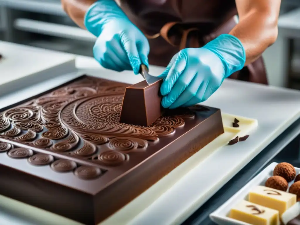 Un maestro chocolatero talla delicadamente un bloque de chocolate oscuro brillante, creando diseños intrincados