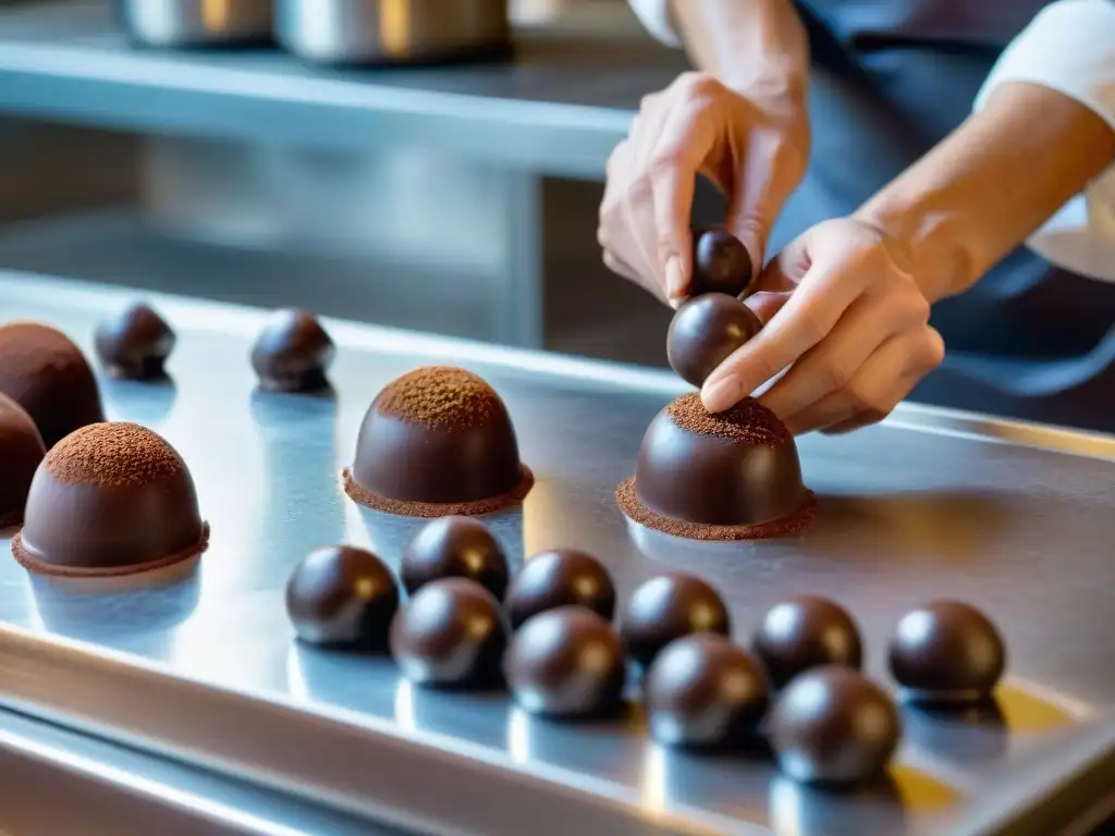 Un maestro chocolatero en Francia elabora trufas de chocolate con dedicación en una cocina rústica