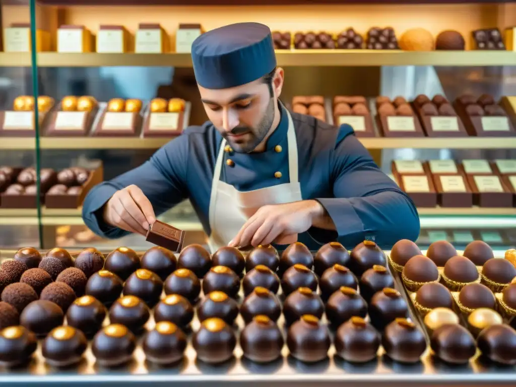 Un maestro chocolatero elaborando trufas a mano en una tienda especializada de chocolate francés