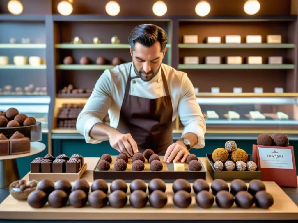 Un maestro chocolatero francés elabora trufas en su tienda de París