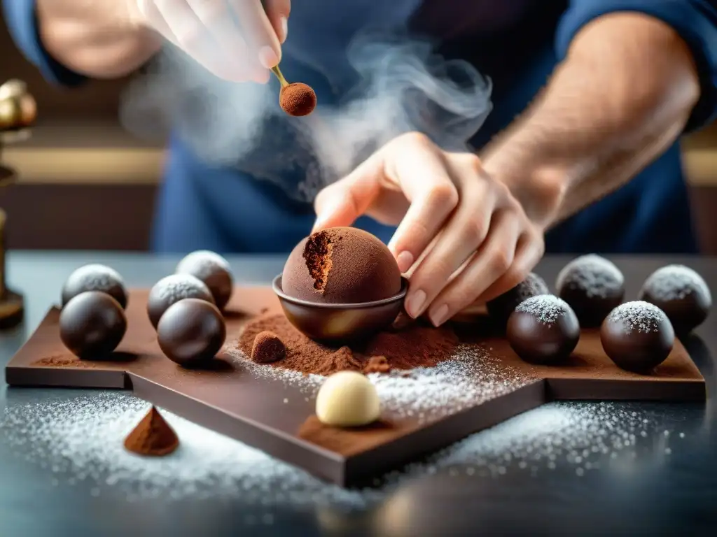 Maestro chocolatero francés creando trufas con precisión