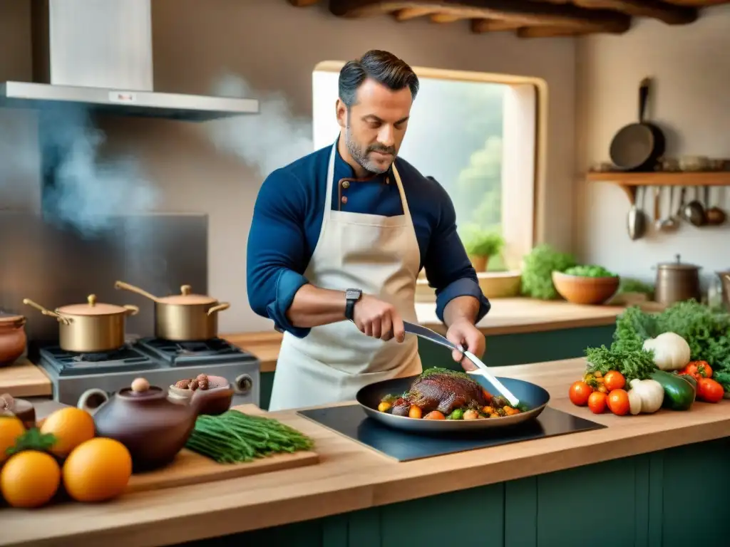 Un maestro de cocina francesa tradicional enseña a preparar coq au vin en una cocina provenzal