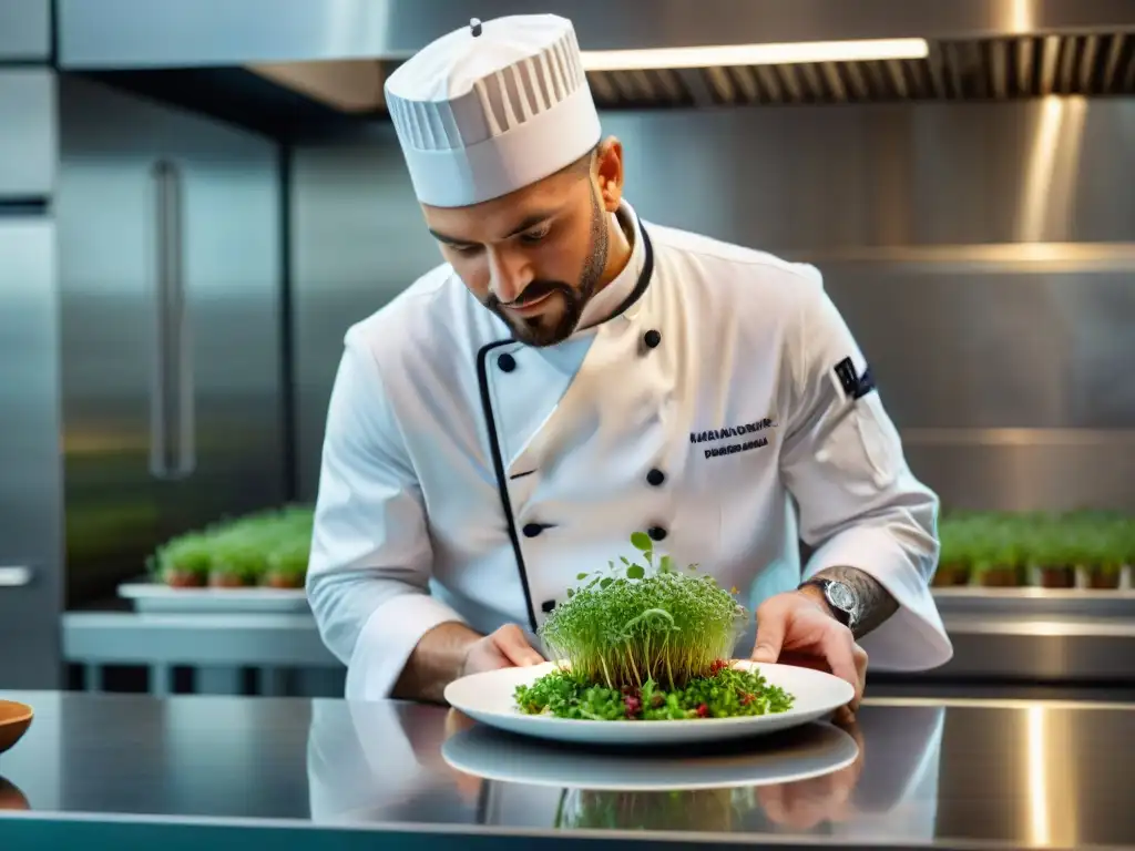 Maestro chef francés en cocina moderna, plato gourmet con microgreens