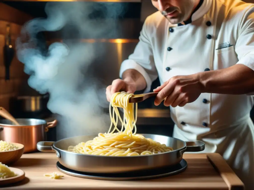 Maestro cocinero preparando la receta tradicional Spätzle Alsaciano en una cocina típica de Alsacia