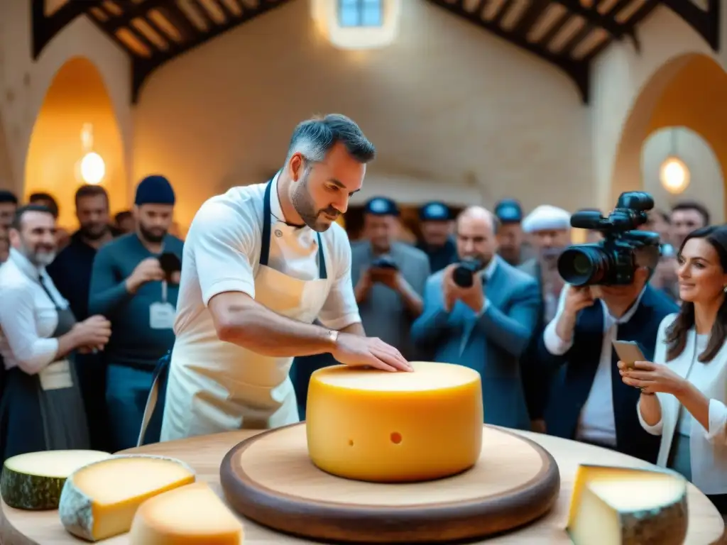 Un maestro cortador de queso compitiendo en un concurso de corte de queso en Francia, mostrando precisión y creatividad