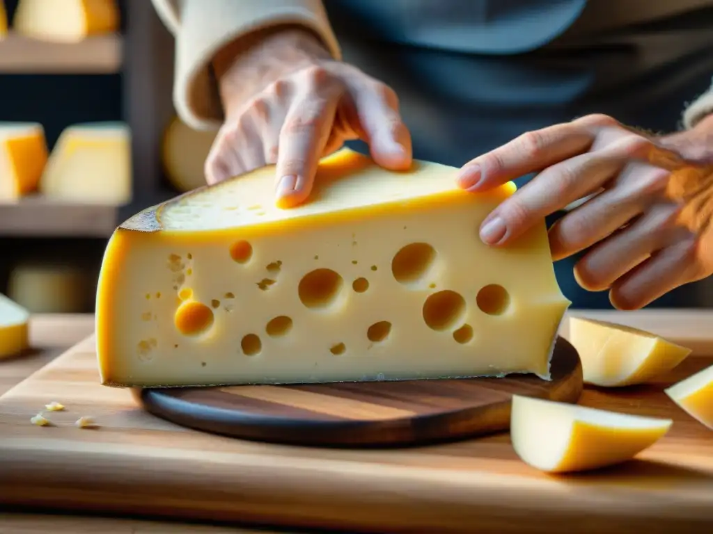 Un maestro cortador de queso en un concurso de corte de queso, mostrando elegancia y precisión en cada rebanada de Comté francés