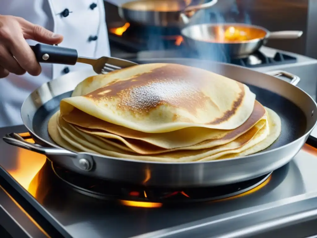 Maestro chef francés expertamente voltea una crepa dorada en sartén caliente, mostrando técnicas para hacer crepes perfectas