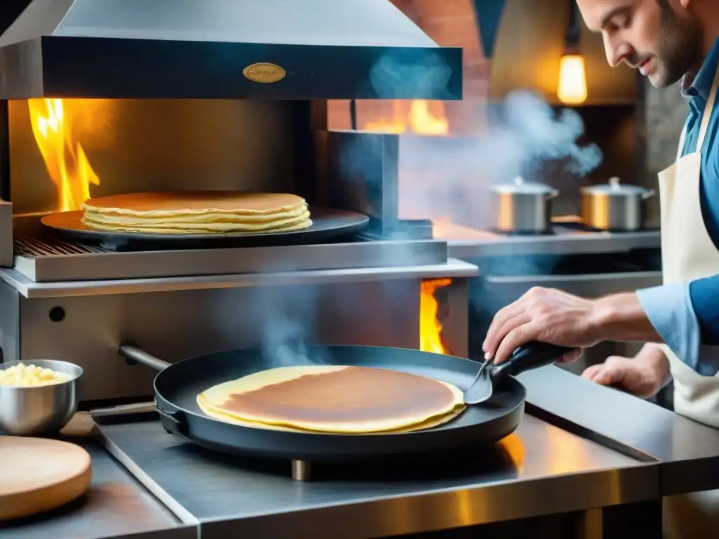 Un maestro crepero en una crepera francesa de alta gama, creando crepes con maestría en una acogedora aldea