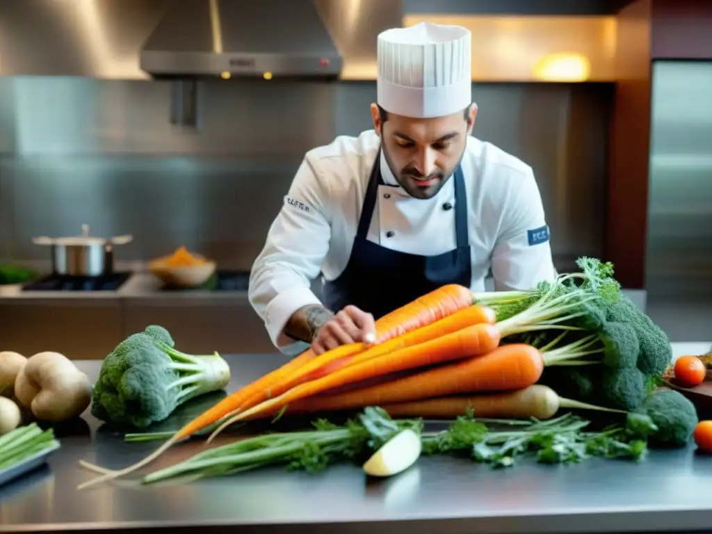 Un maestro culinario francés tallando con precisión en una zanahoria vibrante, rodeado de obras maestras de tallado de vegetales, exhibidas en una elegante encimera de cocina profesional, resaltando técnicas avanzadas de tallado de vegetales en la cocina francesa