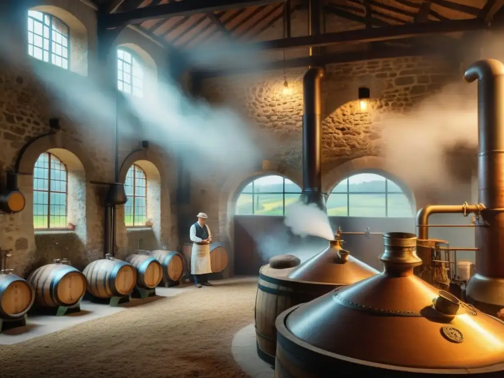 Un maestro destilador cuidadoso supervisa el proceso de destilación en una tradicional destilería de Armagnac en Gasconia, Francia