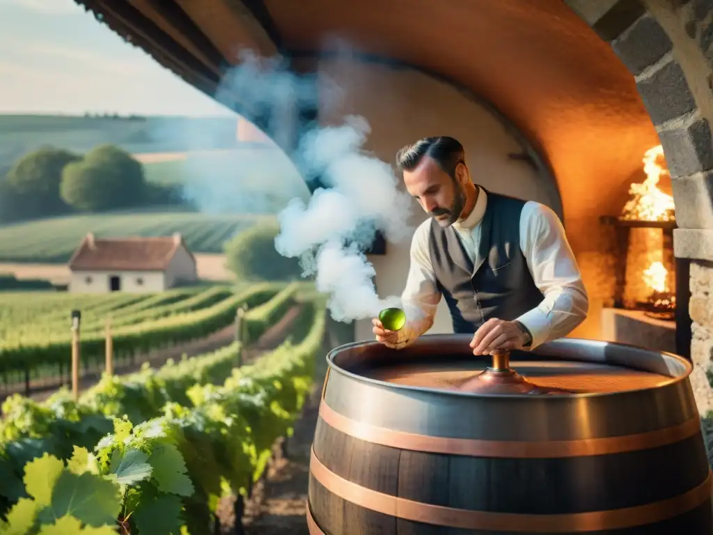 Un maestro destilador en una destilería tradicional francesa entre viñedos, destilando destilados franceses más allá de Cognac