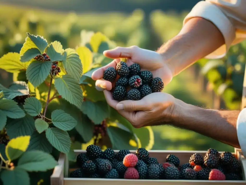 Un maestro destilador selecciona moras maduras en un campo francés soleado para la creación de licores artesanales franceses innovadores