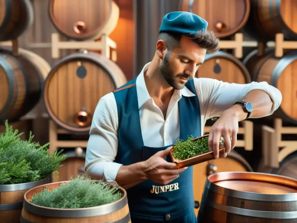 Un maestro destilador de una tradicional destilería francesa selecciona minuciosamente botánicos frescos para crear ginebra premium, entre alambiques de cobre y barriles de madera, mostrando bayas de enebro vibrantes, cáscaras de cítricos y hierbas aromáticas