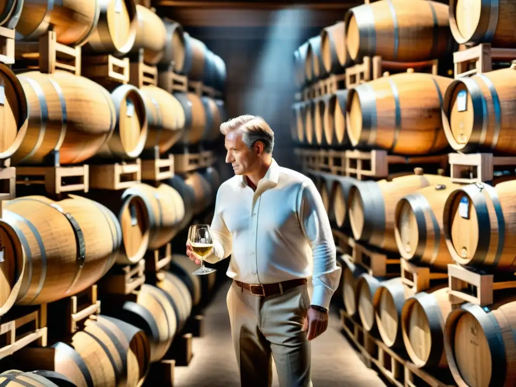 Un maestro enólogo inspecciona con cuidado barricas de roble en una bodega francesa centenaria, criando vinos blancos