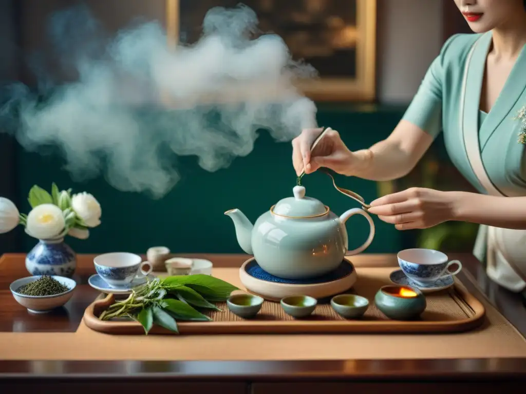 Un maestro del té preparando té estilo francés gourmet en una ceremonia elegante