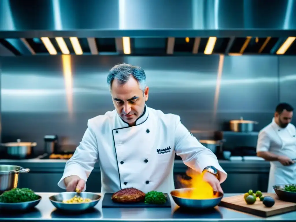 El maestro Ferran Adrià creando innovaciones culinarias en su cocina moderna, con su equipo trabajando en armonía